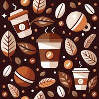 Coffee beans and leaves pattern with coffee cups and leaves vector