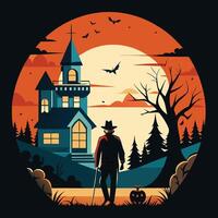 Halloween illustration with a man walking in front of a haunted house vector