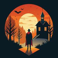 A man in a cape and hat stands in front of a house at night vector