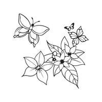 A black and white drawing of butterflies and flowers vector