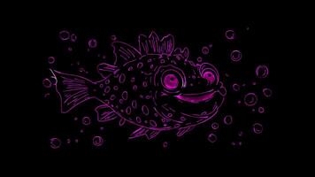 Neon frame effect, pufferfish puffed up and smiling, surrounded by small bubbles on black background video