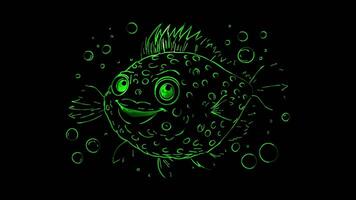 Neon frame effect, pufferfish puffed up and smiling, surrounded by small bubbles on black background video