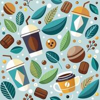 Coffee and tea seamless pattern with coffee and tea cups and leaves vector