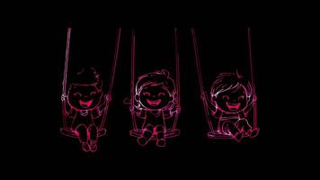 Neon frame effect, Kids happily swinging back and forth on swings with big smiles on black background video