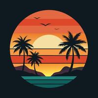 Retro style palm trees and sunset on the beach vector