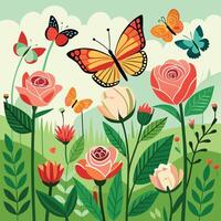 Butterflies and flowers in a field with a sky background vector