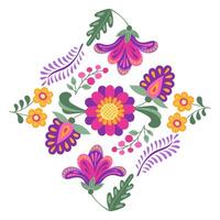 Traditional Mexican Folk mirrored composition with fantasy flowers and leaves in bright color. Dia de los Muertos holiday illustration isolated on white background in square shape vector