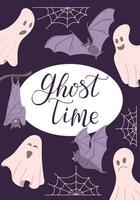 Halloween vertical banner with hand drawn ghosts and bats and calligraphy text Ghost Time. Bizarre design for Halloween on dark background. Template for background, banner, card, poster vector