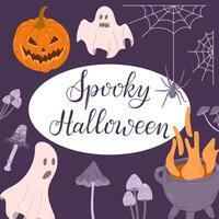 Square Spooky Halloween flat banner with hand drawn related elements and calligraphy text. Bizarre design for Halloween on dark background. Template for background, banner, card, poster vector