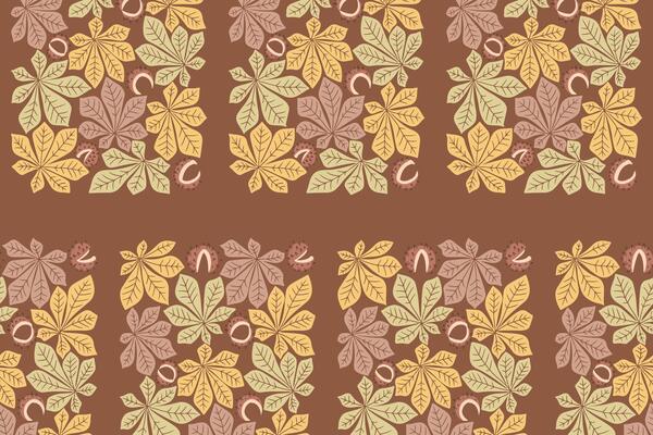 Retro tile seamless pattern with autumn leaves in retro 60s style on dark background. Chestnut leaves and berries in vintage colors. Rectangle botanical composition