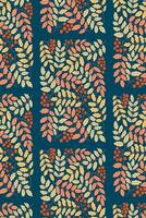 Retro seamless pattern with autumn leaves and berries in 60s style. Rowanberry leaves and berries in vintage colors. Rectangle botanical composition on dark blue background vector