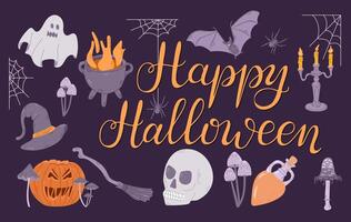 Happy Halloween flat banner with hand drawn related elements and calligraphy text. Spooky design for Halloween on black background. Template for background, banner, card, poster vector