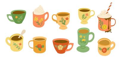 Flat hand drawn set of colorful cups with tea and coffee beverages and abstract flowers vector