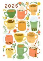 Flat hand drawn 2025 calendar with colorful cups, beverages and abstract flowers. Premium background, for posters, calendars, greetings. Vertical illustration isolated on white background vector