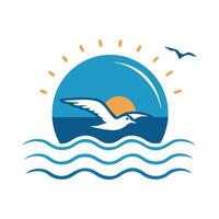Seagull flying over the ocean with sun in the background vector