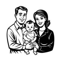 A black and white drawing of a family with a baby vector