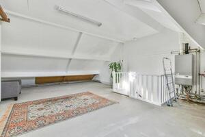 An empty room with a ladder and a rug photo