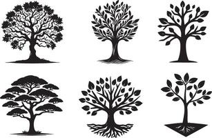 Simple Collection of Tree Silhouette Set, Set of Graphics Trees Elements for Design on White Background. vector