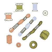 Threads and Spools for Sewing and Embroidery, Knitting or Macrame. Hand drawn colored illustration of Skeins. Set for seamstress, handicraft in doodle style, isolated on white background. vector