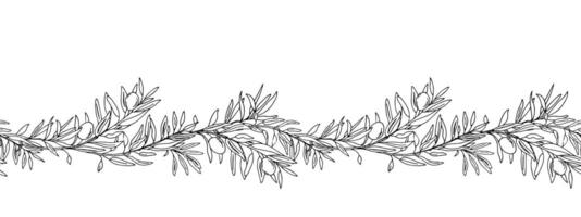 Horizontal Olive Branch Seamless Border Pattern. Hand drawn Ink Botanical illustration. Can be used for fabric, kitchen textile, packaging prints, frames, adhesive tape and paper design. vector