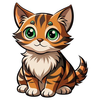 A cartoon tiger kitten with green eyes