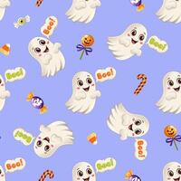 Seamless pattern with cute smiling ghosts, Halloween candies, and playful Boo text on a light purple background vector