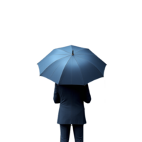 Rear view of a person holding a blue umbrella, dressed in a formal suit, isolated on a transparent background png