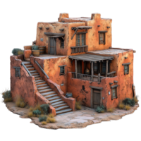 Miniature model of a rustic adobe house with wooden balconies, symbolizing southwestern architecture, isolated on a transparent background png