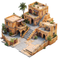Miniature model of a beige stone house with staircases and palm trees, symbolizing traditional architecture, isolated on a transparent background png