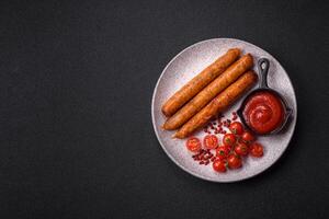 Juicy fried beef or pork sausages with salt, spices and herbs photo