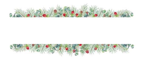Spruce, eucalyptus branches, red berries Christmas horizontal frame. Pine, St Johns wort berry watercolor illustration with copy space for text. Merry Christmas and Happy New Year cards vector
