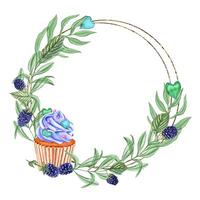 Blackberry cupcakes with whipped creams round golden frame with copy space for text. Green leaves and berries, muffin with topping watercolor illustration for invitation, greetings vector