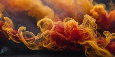 Fiery red orange and yellow smokes intertwine and blend together in a fiery and dramatic display. photo