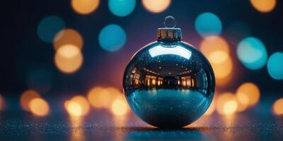 Silver shiny Christmas bauble decoration with reflection on gradient neon color background New Year party concept Minimal style. photo