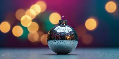 Silver shiny Christmas bauble decoration with reflection on gradient neon color background New Year party concept Minimal style. photo