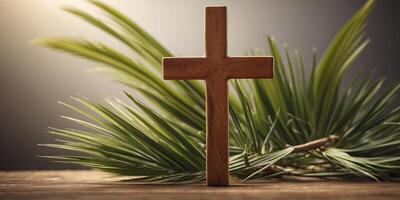 Palm Sunday Copy Space with Wooden Cross and Palm Leaves. photo