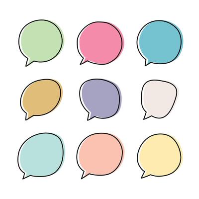 Colorful speech bubbles hand drawn comic style isolated illustration.