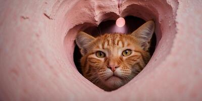 Red cat peeks out of a hole in the shape of a heart on a pink background. photo