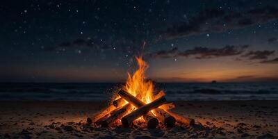 Bonfire on a beach under a starry sky at twilight. photo