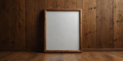 Abstract wooden background with blank whiteboard. photo