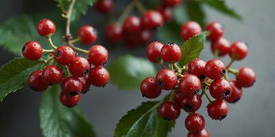Branch of red berries cranberry on light background, minimalistic botanical concept. photo