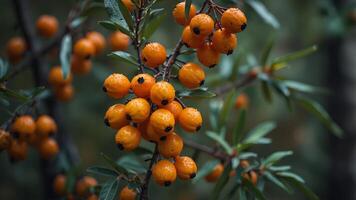 Branch with orange berries seabuckthorn on blurred background, close-up Nature and autumn concept. photo