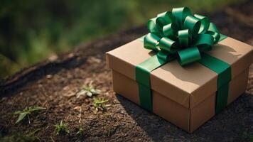 box of with a bow in green colors, concept of ecology, natural materials. photo