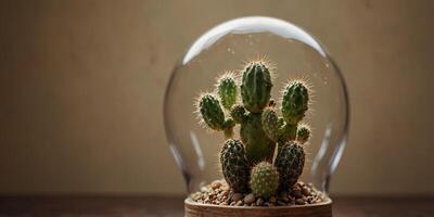 Cactus inside a light bulb on beige background, creative and unique concept. photo
