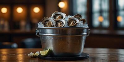 Bucket of ice with fresh oysters placed on a table at the Japanese restaurant ready for serving appealing to seafood enthusiasts in a copy space image. photo