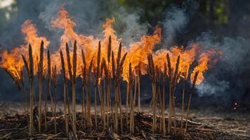 Burning reed colonies creating flaming smoke. photo