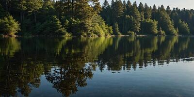 Calm lake with a forest reflection on a clear sunny day, panoramic view Nature tranquility and serenity concept. photo