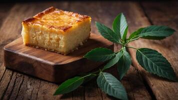 Cassava cake displayed with a wooden copy space image. photo