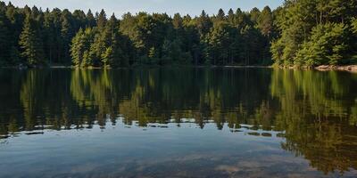 Calm lake with a forest reflection on a clear sunny day, panoramic view Nature tranquility and serenity concept. photo