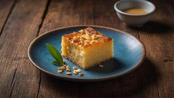 Cassava cake displayed with a wooden copy space image. photo
